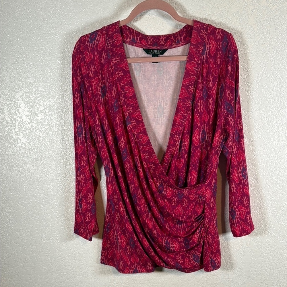 Lauren Ralph Lauren Pink Southwest Print Faux Wrap Top Size XL